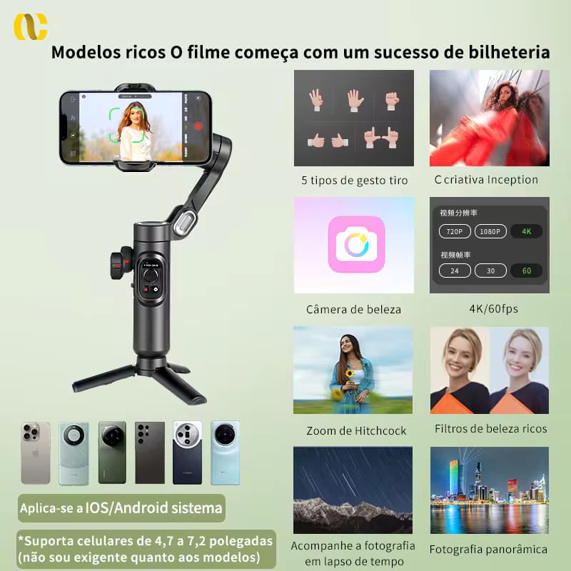 Estabilizador gimbal portátil de 3 eixos para smartphone