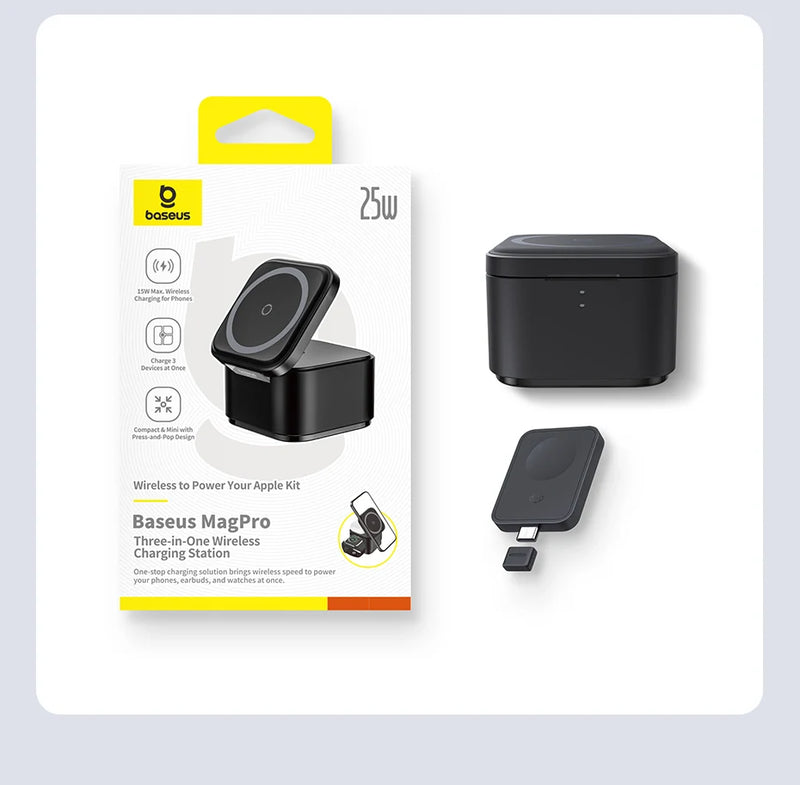 Baseus 3 em 1 25W Suporte magnético para carregador sem fio 15W Estação de carregamento rápido sem fio para desktop para iPhone16 15 14 13 Airpod